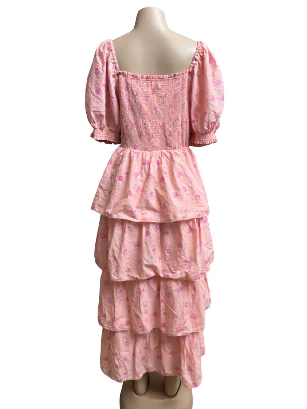 LoveShackFancy Pink Floral Smocked Puff-Sleeve Tiered Maxi Dress - Picture 4 of 8
